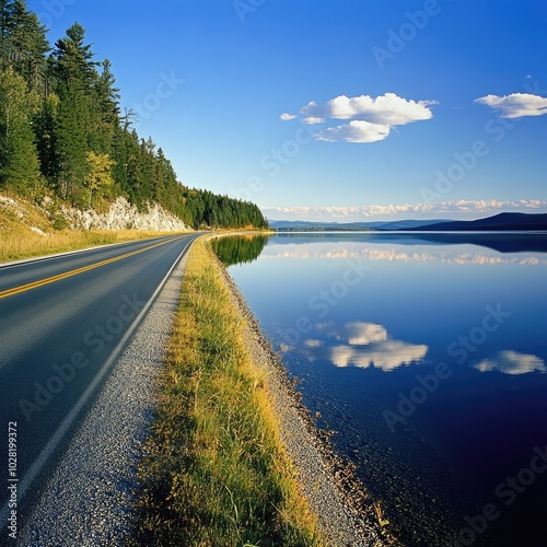 Scenic view of a tranquil road alongside a lake, surrounded by trees and a clear blue sky with clouds reflecting in the water.