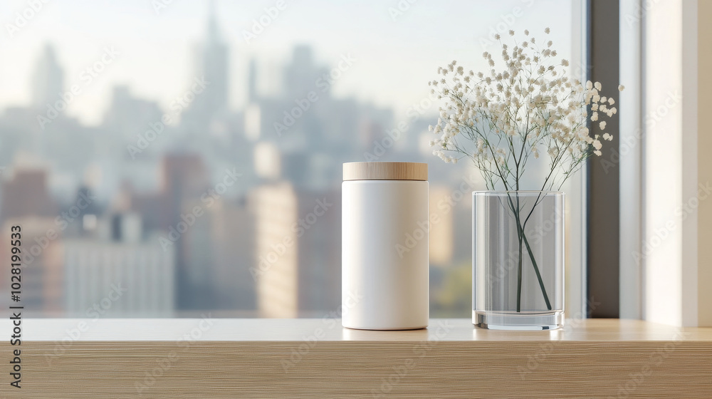 A modern white container sits on wooden surface, accompanied by clear glass vase filled with delicate flowers. city skyline is softly blurred in background, creating serene atmosphere