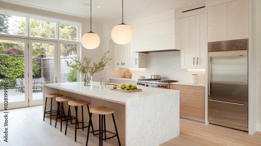 Modern kitchen design features spacious island with bar stools, elegant marble countertops, and stylish pendant lighting, creating warm and inviting atmosphere Modern kitchen design features spacious island with bar stools, elegant marble countertops, and stylish pendant lighting, creating warm and inviting atmosphere