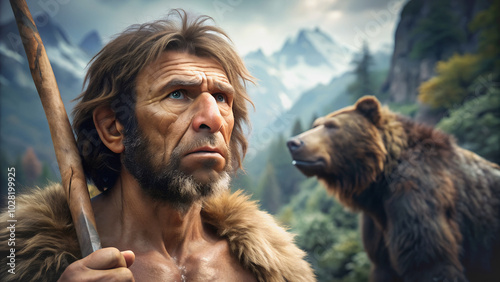 A close-up portrait of a prehistoric hunter against a backdrop of mountains and a mighty cave bear, creating a prehistoric atmosphere.