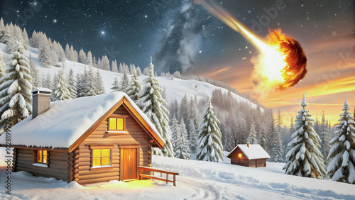 A cozy house in the mountains is illuminated by a burning meteorite in the night sky.