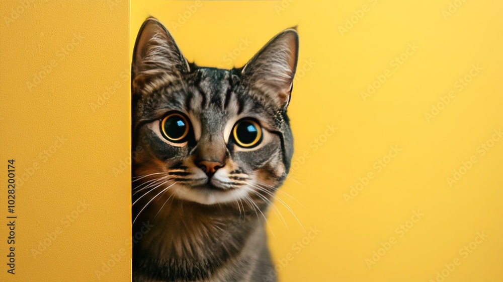 cat cautiously peeks around a corner against a yellow background created with Generative AI technology. Copy space cat cautiously peeks around a corner against a yellow background created with Generative AI technology. Copy space