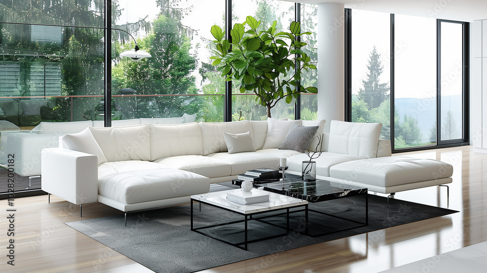 Fototapeta premium Minimalist living room interior design featuring a white leather sectional, black marble coffee table, and large windows, with natural light highlighting the clean, open layout.