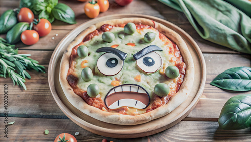 Aggressive pizza with a menacing expression on a rustic table.