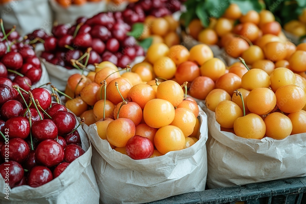 A variety of fruits are displayed in white bags, including cherries and oranges A variety of fruits are displayed in white bags, including cherries and oranges