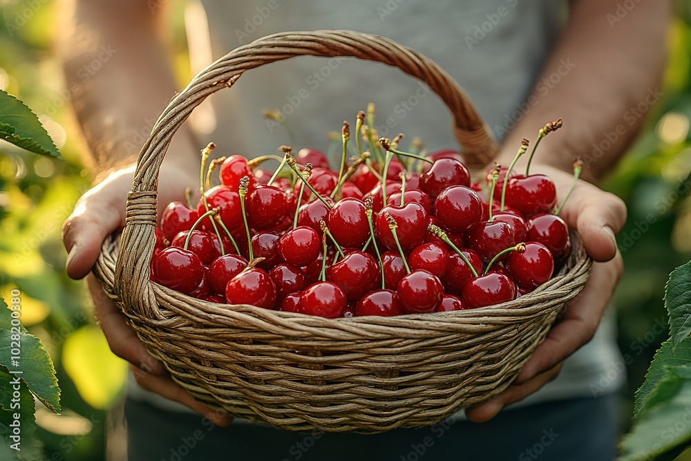 A basket full of red cherries is being held by a person A basket full of red cherries is being held by a person