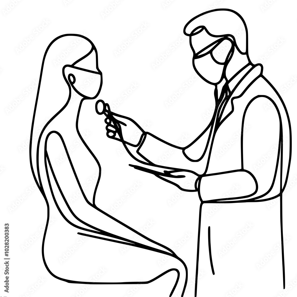 Minimalistic vector illustration of a doctor examining a patient with a stethoscope. Doctor leaning towards patient, emphasis on medical examination process and interaction Minimalistic vector illustration of a doctor examining a patient with a stethoscope. Doctor leaning towards patient, emphasis on medical examination process and interaction