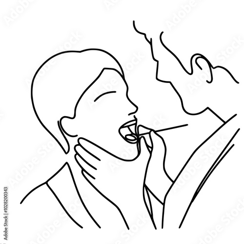 Minimalistic vector outline illustration of a patient at a dentist appointment, the doctor examines the oral cavity.