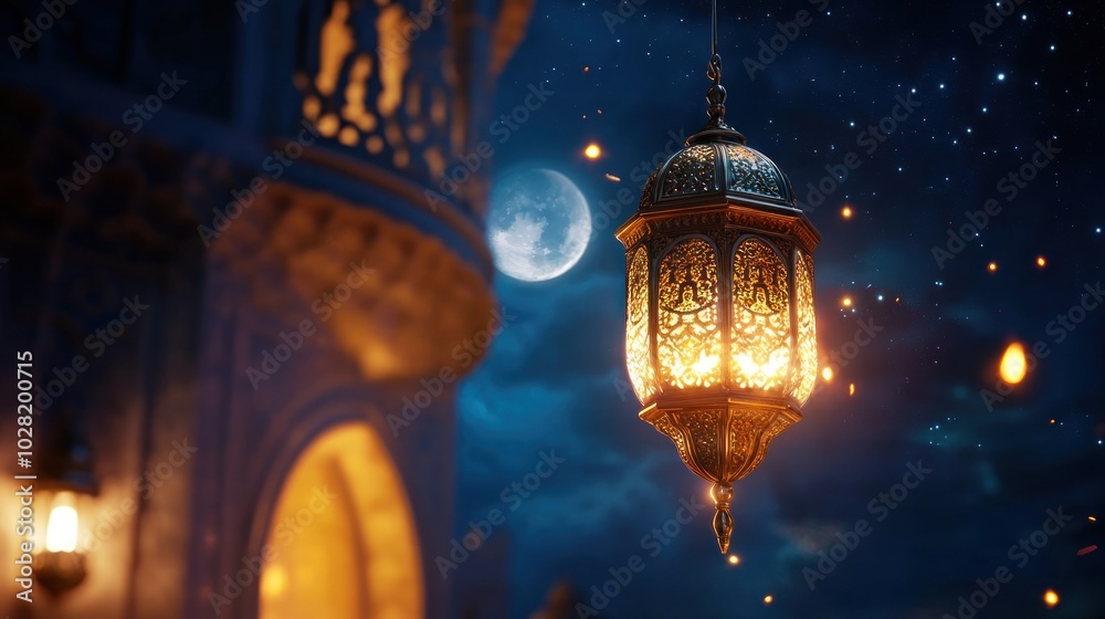 Fototapeta premium Ornate Lantern Glowing Under a Starry Sky
