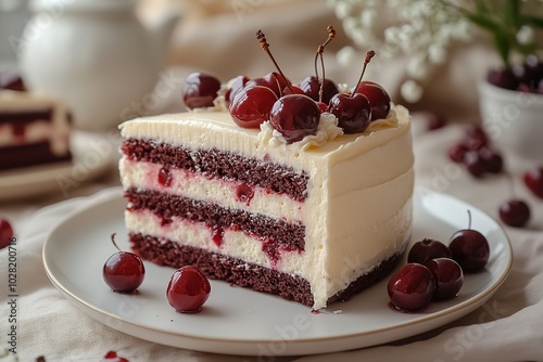 A slice of red velvet cake with white frosting and cherries on top