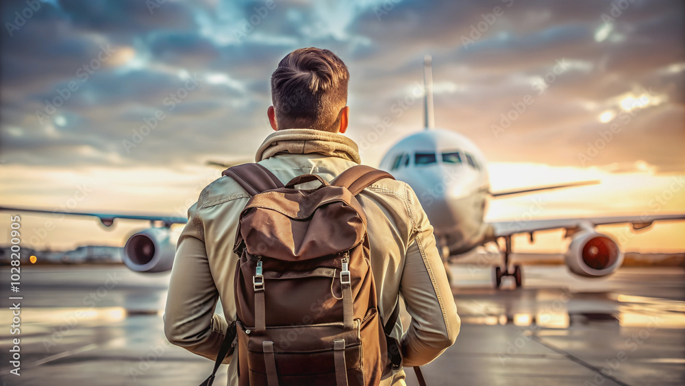 Rear view, traveler with backpack looks dreamily at the plane, lost in thoughts about travel. Rear view, traveler with backpack looks dreamily at the plane, lost in thoughts about travel.