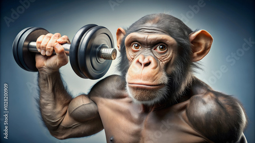 On a blue background, a monkey confidently holds a dumbbell, demonstrating strength and dexterity.
