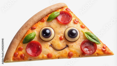 Smiling pizza with eyes and mouth on a white background, creating an atmosphere of friendliness.

