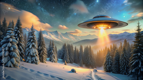 Starry sky and a flying saucer above snowy fir trees in the mountains.