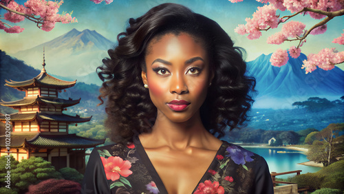 The magnificent landscape of Japan highlights the beauty of an African American girl with her hair flowing.