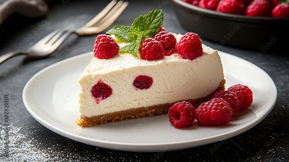 Cheesecake slice with fresh raspberries and mint leaves on a white plate : Generative AI