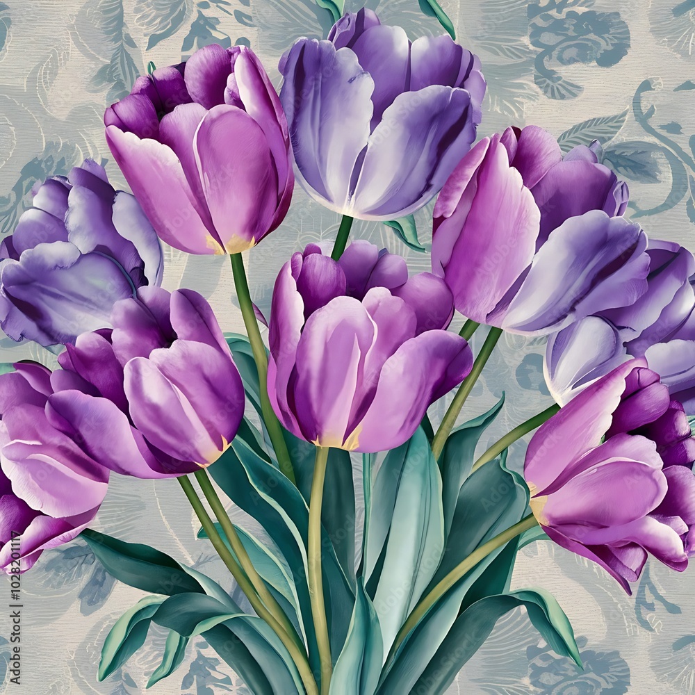 Obraz premium Purple and blue tulips watercolor illustration set. Seamless background pattern. Fabric wallpaper print texture.