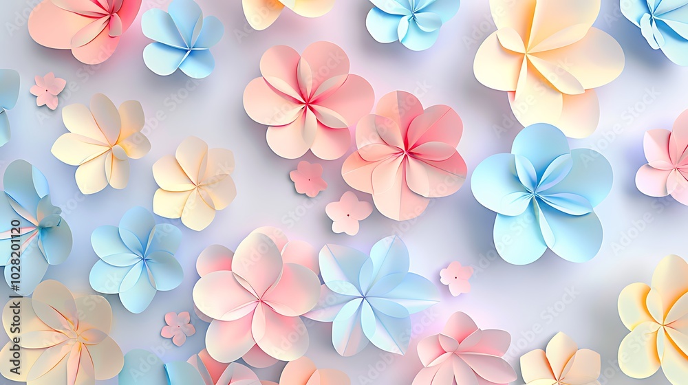 A charming seamless 3D paper flower pattern featuring pastel petals with realistic textures, arranged on a white background for a fresh and clean design. 8k UHD, suitable for high-quality printing A charming seamless 3D paper flower pattern featuring pastel petals with realistic textures, arranged on a white background for a fresh and clean design. 8k UHD, suitable for high-quality printing