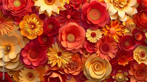 A bold and vibrant seamless 3D pattern of textured paper flowers in bright reds, oranges, and yellows, with intricate petal detailing that adds dimension and depth. 8k UHD, suitable for high-quality 