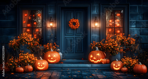 Spooky Halloween Porch with Jack-o-Lanterns.