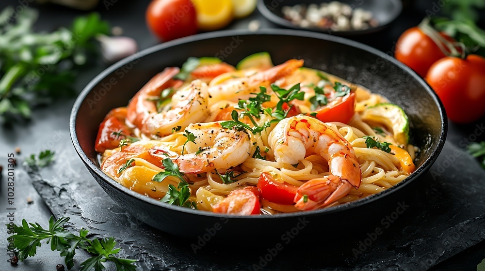 Stir fry noodles with vegetables and shrimps in black iron pan Slate background Close up : Generative AI Stir fry noodles with vegetables and shrimps in black iron pan Slate background Close up : Generative AI