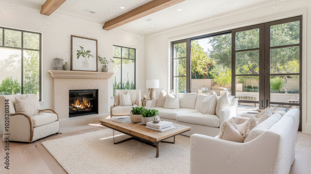 A bright and airy living room featuring cozy fireplace, elegant furniture, and large windows that invite natural light. neutral color palette creates serene atmosphere, perfect for relaxation A bright and airy living room featuring cozy fireplace, elegant furniture, and large windows that invite natural light. neutral color palette creates serene atmosphere, perfect for relaxation