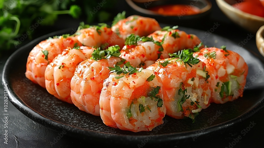 Vietnamese spring rolls with shrimps and vegetables with on a black plate Dark background Close up : Generative AI