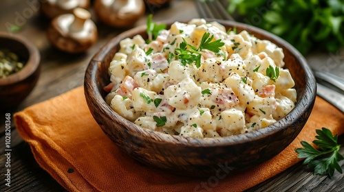 Potato salad with bacon mushroom on orange napkin Wooden background Top view : Generative AI
