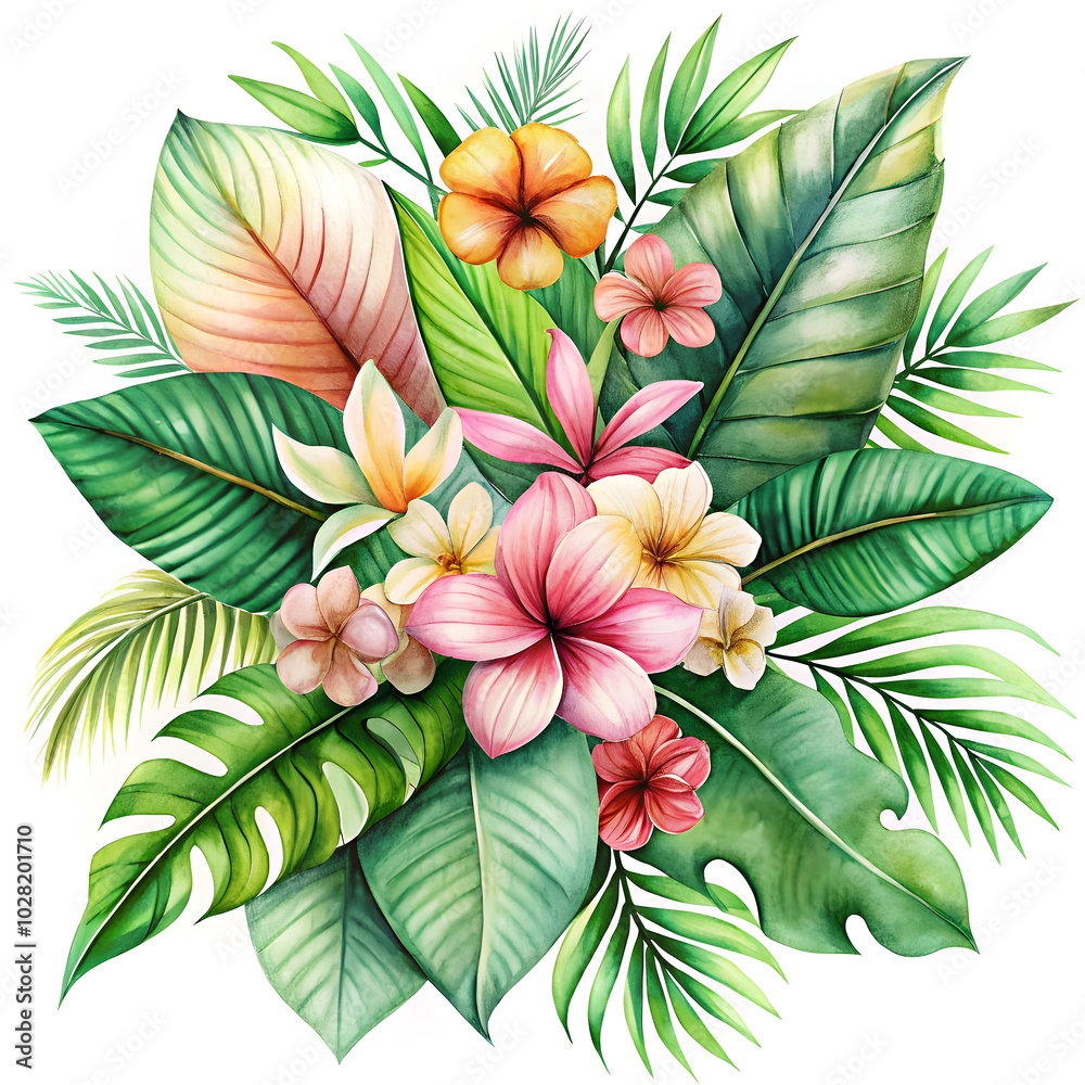 Naklejka premium Watercolor of Tropical spring floral green leaves and flowers s isolated on transparent