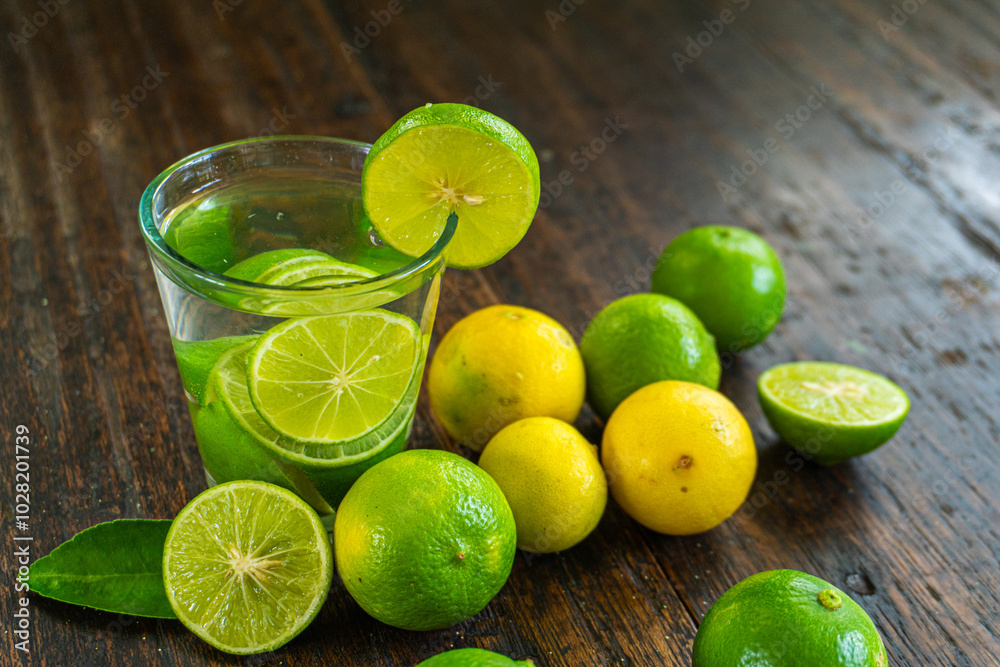 A glass of refreshing lemon water with fresh lemon slices on a wooden table. A glass of refreshing lemon water with fresh lemon slices on a wooden table.