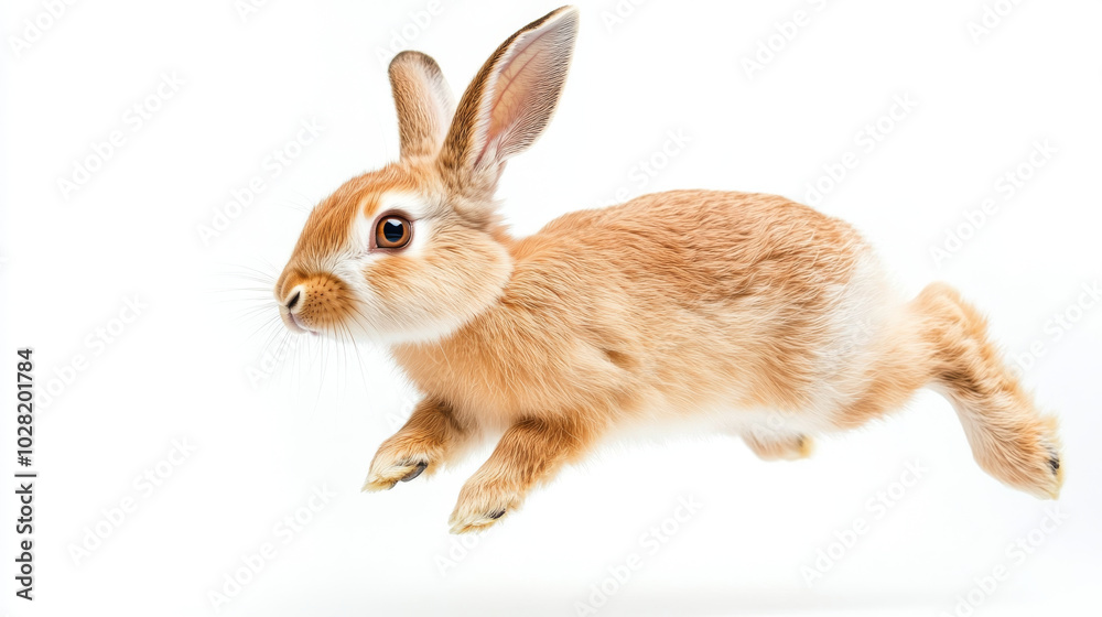 Obraz premium A cute rabbit is captured mid leap, showcasing its fluffy fur and expressive eyes against clean white background. This lively pose conveys sense of joy and playfulness