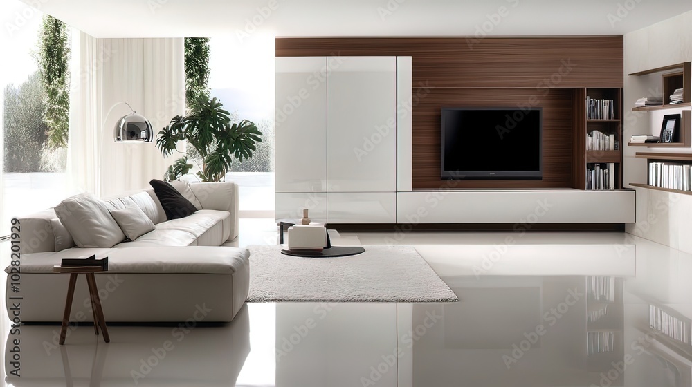 Modern Living Room with White Sofa and Entertainment Center Modern Living Room with White Sofa and Entertainment Center