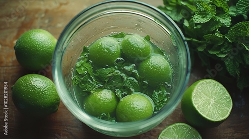 Ingredients for cooking matcha mint ice tea with limes Foodstyling process : Generative AI