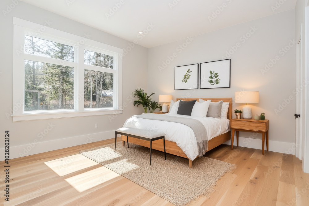Fototapeta premium A bright and modern bedroom featuring wooden bed frame, cozy bedding, and stylish decor. large windows allow natural light to fill space, creating serene atmosphere