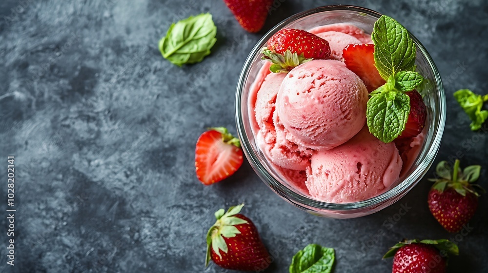 Strawberry Ice Cream in a glass bowl on grey background Close up Top view : Generative AI Strawberry Ice Cream in a glass bowl on grey background Close up Top view : Generative AI