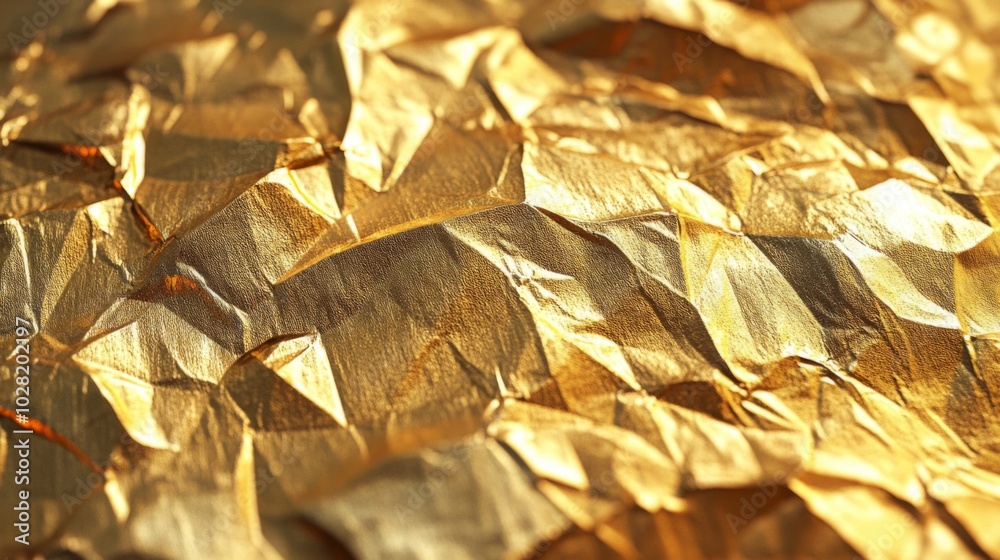 Close-Up of Crumpled Golden Foil with Sharp Texture Close-Up of Crumpled Golden Foil with Sharp Texture