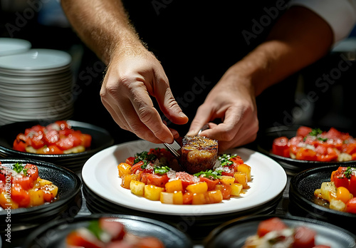 Chef plating a gourmet dish.