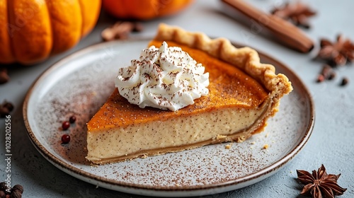 Pumpkin pie on a plate Grey background Close up Top view : Generative AI