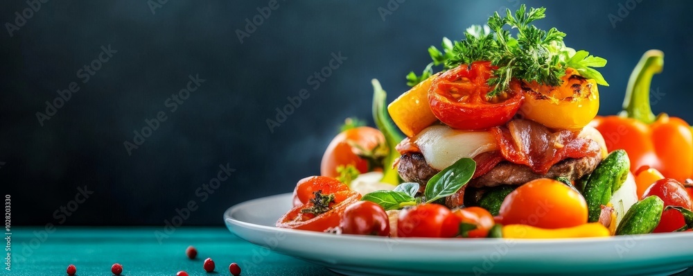Colorful vegetable salad with fresh herbs on a plate, dark background. Colorful vegetable salad with fresh herbs on a plate, dark background.