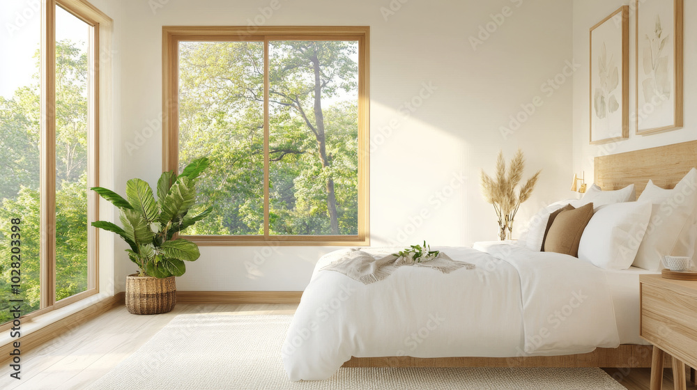 A serene bedroom featuring large window with view of lush greenery, cozy bed with white linens, and decorative plants that enhance tranquil atmosphere A serene bedroom featuring large window with view of lush greenery, cozy bed with white linens, and decorative plants that enhance tranquil atmosphere