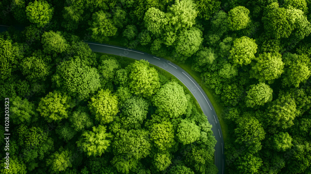 Aerial View of Winding Road Through Green Forest. Aerial View of Winding Road Through Green Forest.