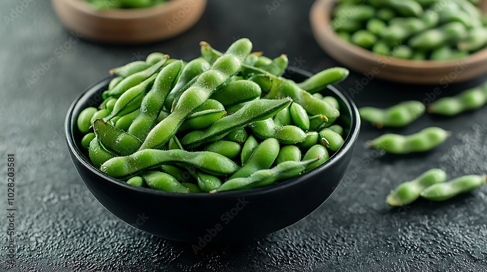 Fresh edamame green beans in black bowl Grey textile background Top view Copy space : Generative AI Fresh edamame green beans in black bowl Grey textile background Top view Copy space : Generative AI