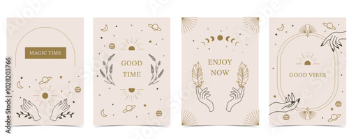 Boho invitation card with tarot style and deco frame. Mystic for a4 vertical design