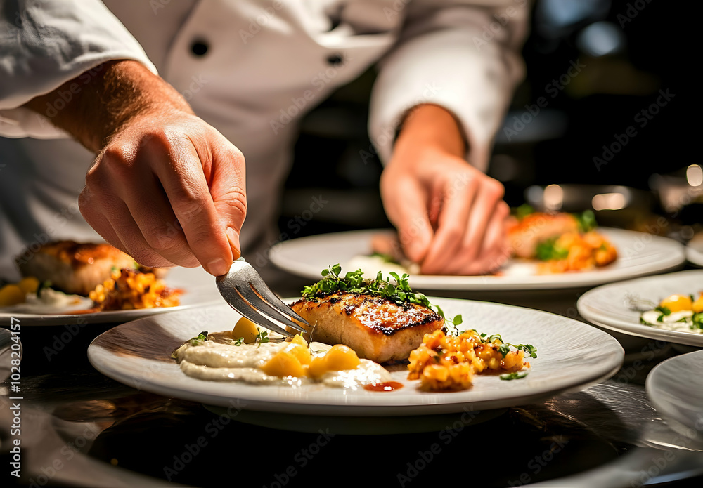 Chef plating gourmet meal. Chef plating gourmet meal.
