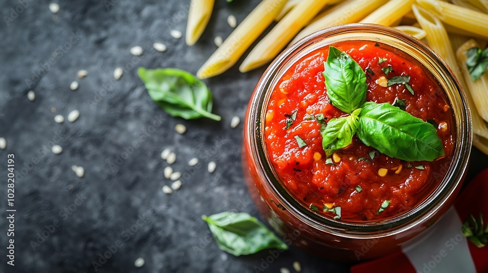 Traditional tomato sauce in a glass jar with Italian flag pasta penne on a side Grey background Top view : Generative AI Traditional tomato sauce in a glass jar with Italian flag pasta penne on a side Grey background Top view : Generative AI
