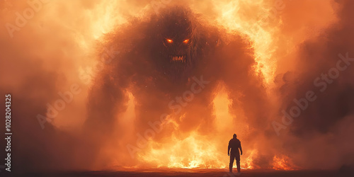 Man Facing Fire Monster. photo