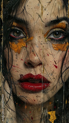 Close-Up Portrait of a Woman with Red Lips and Gold Accents