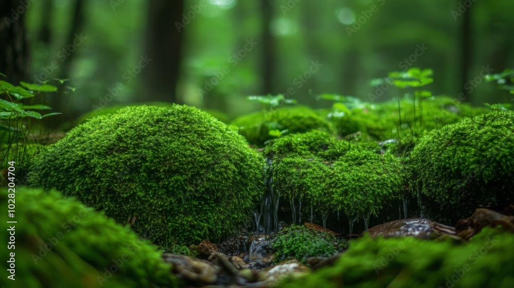 Lush Mossy Forest Stream with Blurred Background