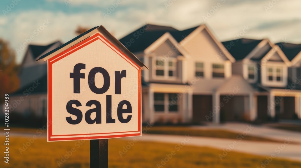 Real estate sign in front of modern houses, showcasing availability for sale. Real estate sign in front of modern houses, showcasing availability for sale.