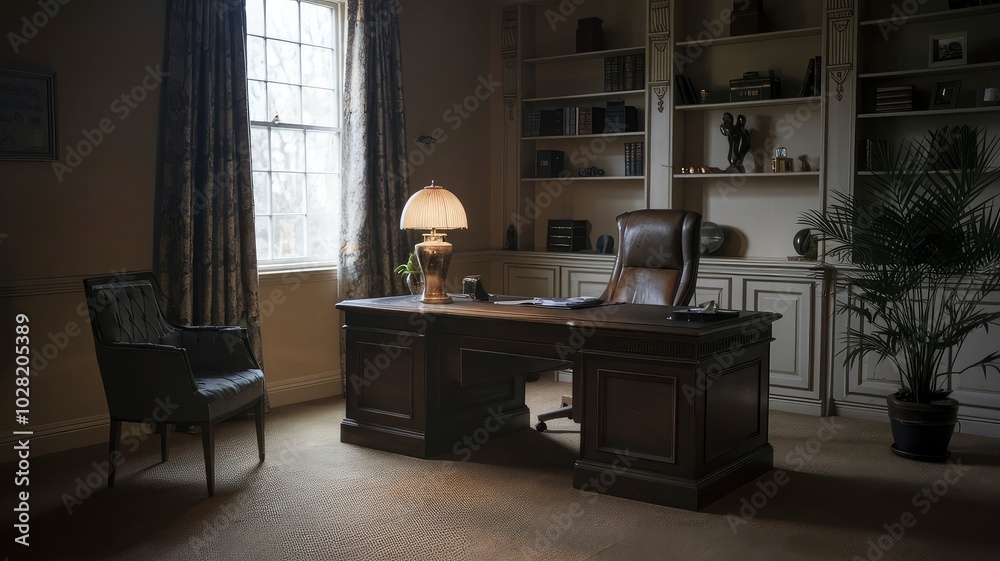 Fototapeta premium A desk with a lamp on it and a chair in the corner.